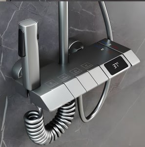 Coloană de duș cu efect de ploaie, display temperatură, 4 căi de curgere, pară tip ploaie, duș de mână, pipă pivotantă pentru cadă, cap bideu, dimensiune 120 cm - Img 3