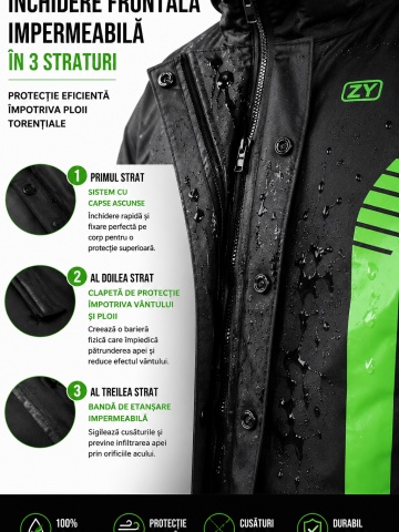 Costum Ploaie Moto Impermeabil Premium - Set Geacă și Pantaloni pentru Motocicletă, Anti-Vânt, Cusături Etanșate, Glugă Detașabilă și Buzunare Impermeabile - Img 3