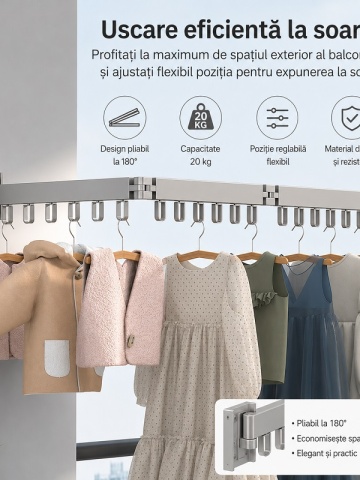 Foldable hanger rack 200 cm, 24 hangers, durable and resistant, adjustable, 180° rotation, made of aluminum, gray - Img 9