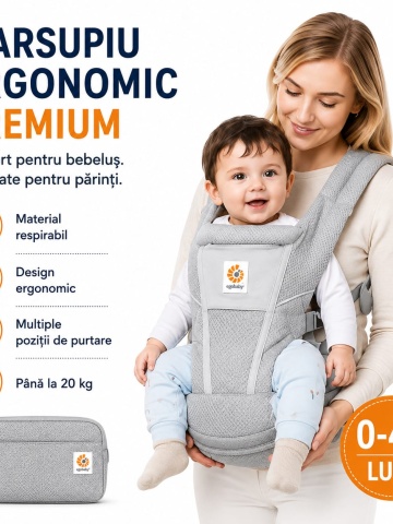 Marsupiu Ergonomic Premium pentru Bebeluși 6-48 Luni - Port Bebe Sigur, Confortabil și Ajustabil