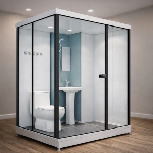 Toaletă modulară DenisNetwork montată în container locuit, cabină baie prefabricată cu WC, chiuvetă și duș