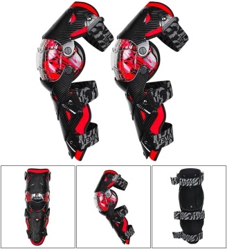 Set genunchiere moto negru-roșu, vederi laterală și din spate