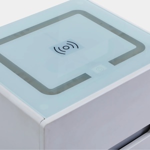 Noptieră smart multifuncțională - Ingrid 2 sertare sticlă albă securizată, încărcare wireless, USB, iluminare LED-uri cu Touch temperatură reglabilă - Img 4