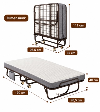 Pat Pliabil pentru Oaspeți cu Saltea din Spumă Elastică, Cadru Metalic Ranforțat, Roți 360° cu Frână - Img 2
