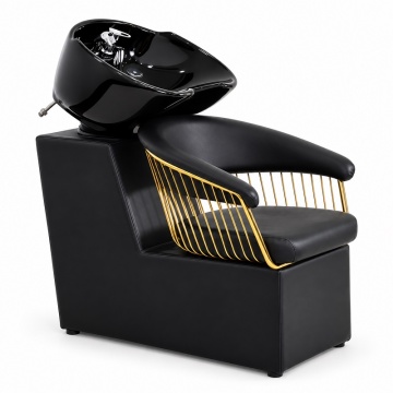 Scafă Coafor Profesională cu Bazin Ceramic Negru, Scaun Ergonomic, Negru-Auriu - Img 4