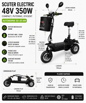 Scuter electric ,Motocicletă / Trotinetă 36V-500W 10Ah cu șezut reglabil, , Închidere la cheie,Seniori - Img 3