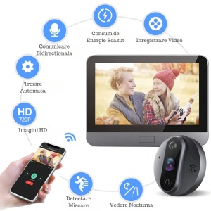 Sonerie video inteligenta WiFi cu unitate interioara LCD, acumulator, compatibila Tuya - Img 2