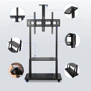 Stand, stativ, suport mobil de TV și videoproiector sau webcam (80kg max), cu roți blocabile, 80-190 cm, negru, cu 3 etaje, VESA 600x400 - Img 6