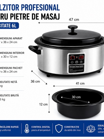 Професионален нагревател за масажни камъни 6 л, цифрово управление, 750 W, СПА и уелнес - Img 4