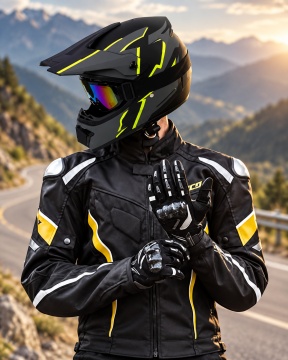 Motociclist echipat cu casca Adrenaline MX Neon și ochelari oglindă, pe drum de munte