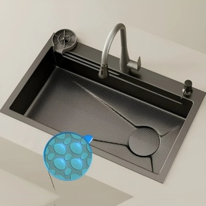 Chiuvetă bucătărie smart multifuncțională (3 funcții) - AQUA 4, inox gri antracit, 80 x 46 cm, baterie principală, dozator detergent, spălător pahare, tăviță de uscare + tocător - Img 1