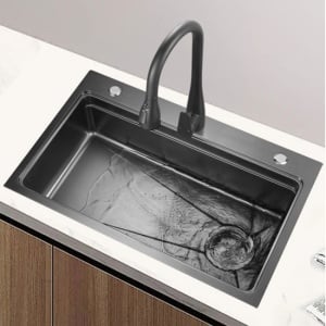 Chiuvetă bucătărie smart multifuncțională (3 funcții) - AQUA 4, inox gri antracit, 80 x 46 cm, baterie principală, dozator detergent, spălător pahare, tăviță de uscare + tocător - Img 3