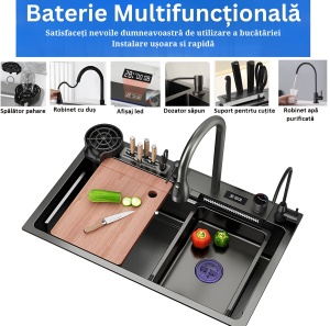 Chiuvetă Bucătărie Smart Multifuncțională (6 funcții) - AQUA 3, Inox gri Antracit, 80 x 46 cm, cu display digital, cascadă, baterie filtru apă, dozator detergent, spălător pahare, suport cuțite, 2 tăvițe uscare + tocător - Img 3