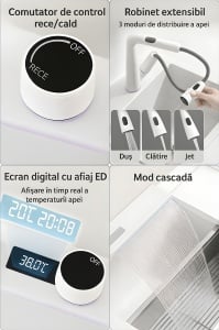 Chiuvetă Bucătărie Smart Multifuncțională Albă Inox (6 funcții) - AQUA 3 - 80 x 46 cm, cu display digital, 2 cascade, baterie filtru apă, dozator detergent - Img 5