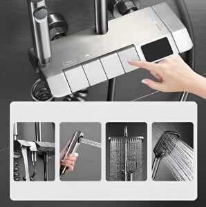 Coloană de duș cu efect de ploaie, display temperatură, 4 căi de curgere, pară tip ploaie, duș de mână, pipă pivotantă pentru cadă, cap bideu, dimensiune 120 cm - Img 4