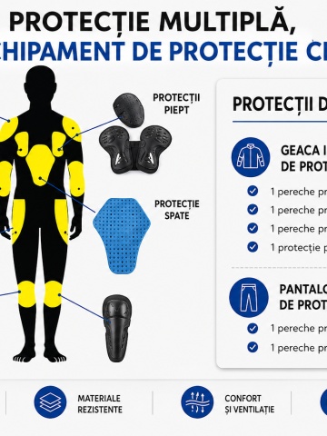 Costum moto negru cu protecții detașabile pentru corp