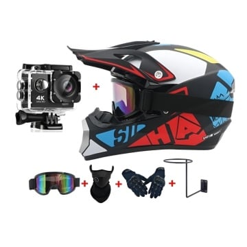 Nitro X Cross / Enduro / Atv / Motorcycle Helmet Package + 4k Wi-Fi Sports Video Camera + Gloves + Goggles + Balaclava and Wall Mount - Flytec™