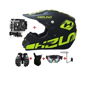 Pachet Cască Cross Negru/Verde Neon / Enduro / Atv/ Motocicletă + Camera Video Sport 4k + Mănuși + Ochelari + Cagulă și Suport de Perete- Flytec™ - Img 1