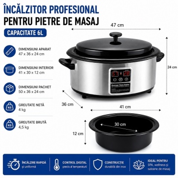 Infografic cu dimensiunile încălzitorului și cuvei pentru pietre