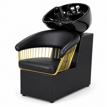 Scafă Coafor Profesională cu Bazin Ceramic Negru, Scaun Ergonomic, Negru-Auriu - Img 1