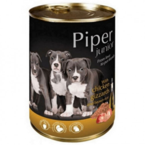 Hrana umeda pentru caini PIPER JUNIOR cu PIPOTE DE PUI si OREZ BRUN conserva 400g