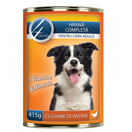 Hrana umeda pentru caini 4DOG cu PUI conserva 415g