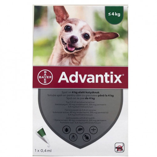 ADVANTIX 40 Solutie antiparazitara extern pentru caini &lt;4kg cutie 1 pipeta