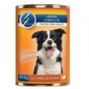 Hrana umeda pentru caini 4DOG cu PUI conserva 415g