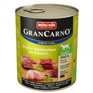 Hrana umeda pentru caini GRANCARNO ADULT cu IEPURE si VERDEATA conserva 800g