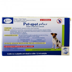 PET SPOT PLUS <15kg Solutie antiparazitara extern pentru caini de talie mica cutie 3 pipete