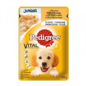 Hrana umeda pentru caini PEDIGREE JUNIOR cu PUI si OREZ in aspic plic 100g