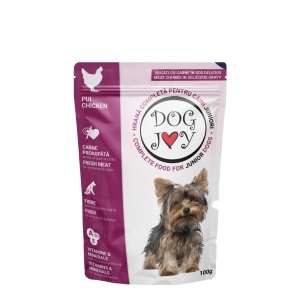 Hrana umeda pentru caini junior DOG JOY cu PUI plic 100g
