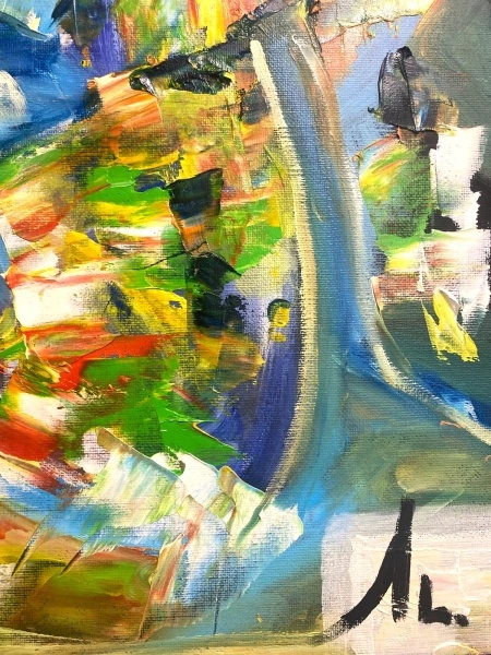 Pictura abstracta: "Andrada a adormit la apus în câmpul de grâu" ( Andrada fell asleep at sunset in the wheat field ) 50×70 cm, ulei pe carton “ oil on cartoon - Img 6