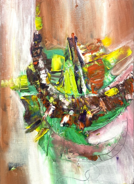 Abstract painting - Afternoon Coffe & Cat, 50x70 cm oil on canvas.