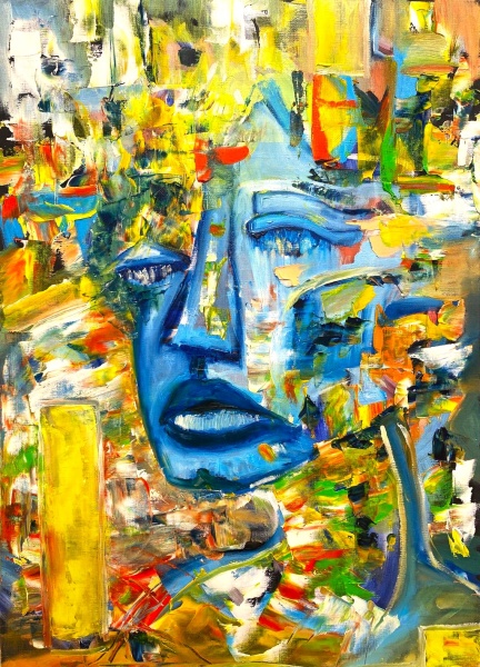 Pictura abstracta: "Andrada a adormit la apus în câmpul de grâu" ( Andrada fell asleep at sunset in the wheat field ) 50×70 cm, ulei pe carton “ oil on cartoon