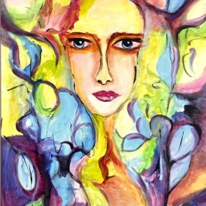 Pictura abstracta: Aloise este singura intre culori (Aloise alone betwen colors) 50x70 cm acryl on canvas.