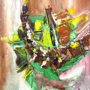 Abstract painting - Afternoon Coffe & Cat, 50x70 cm oil on canvas.