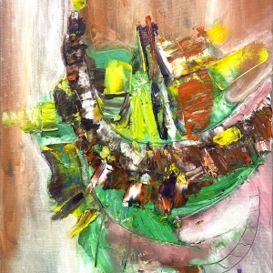 Abstract painting - Afternoon Coffe & Cat, 50x70 cm oil on canvas.
