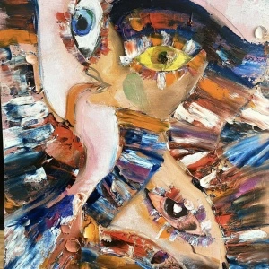Gipsy Lady from Lime Mandala looking at her dream-brush, 50x70 cm, oil on cartoon