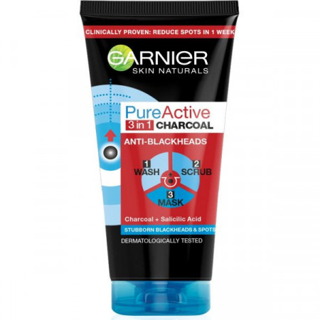 Garnier Pure Active 3in1 Charcoal Gel Exfoliant si Masca cu Carbune pentru Anti-Puncte Negre 150ml