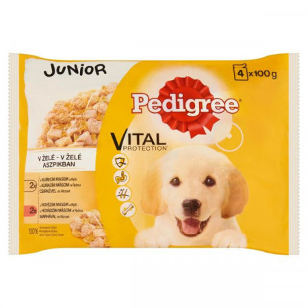 Pedigree Vital Protection Pachet Hrana Umeda pentru Caini Junior cu Carne de Pui si Orez in Aspic 4 x 100g