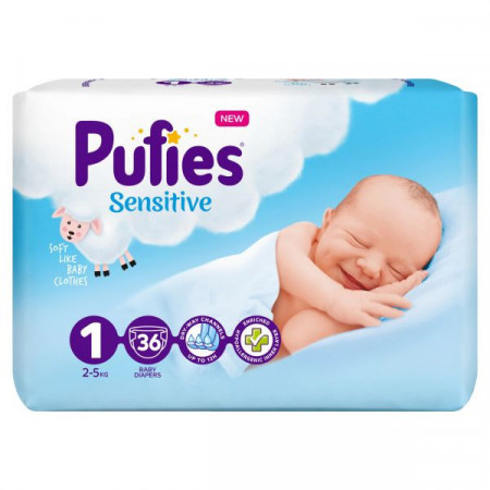 Pufies Sensitive Marimea 1 Scutece pentru Copii 2-5kg 36bucati