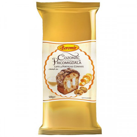 Boromir Cozonac Glasat Pricomigdala cu Nuci Crema cu Lapte si Portocale Confiate 500g