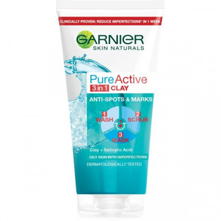 Garnier Pure Active 3in1 Clay Gel Exfoliant si Masca pentru Ten Gras 150ml