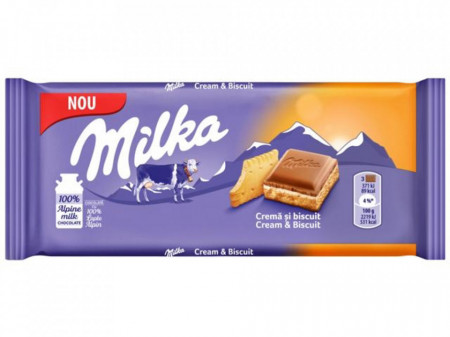 Milka Ciocolata cu Lapte Alpin Crema de Lapte si un Strat de Biscuiti 100g