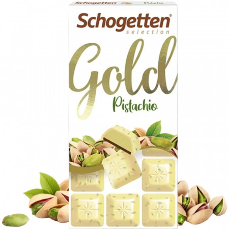 Schogetten Selection Gold Pistachio Ciocolata Alba cu Bucati de Fistic umplutura cu Fistic si Ciocolata cu Lapte 100g