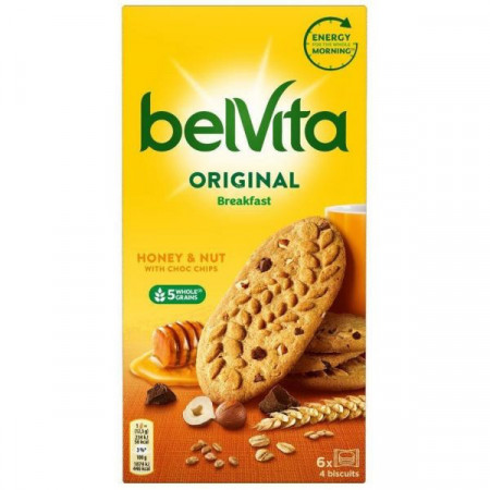 Belvita Original Breakfast Biscuiti cu Cereale Integrale Miere si Alune si Bucatele de Ciocolata 300g