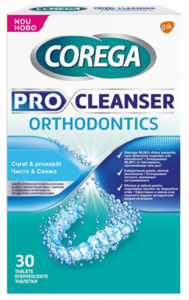 Corega Pro Cleanser Orthodontics Tablete Efervescente pentru Curatarea Dizpozitivelor Orale 30 buc