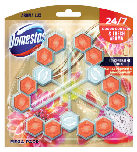 Domestos Odour Control & Fresh Aroma Dahlia Flower & Dragonfruit Odorizant pentru Toaleta 3 buc x 55g