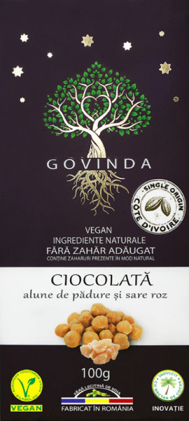 Govinda Ciocolata Vegana cu Alune de Padure si Sare Roz 100g